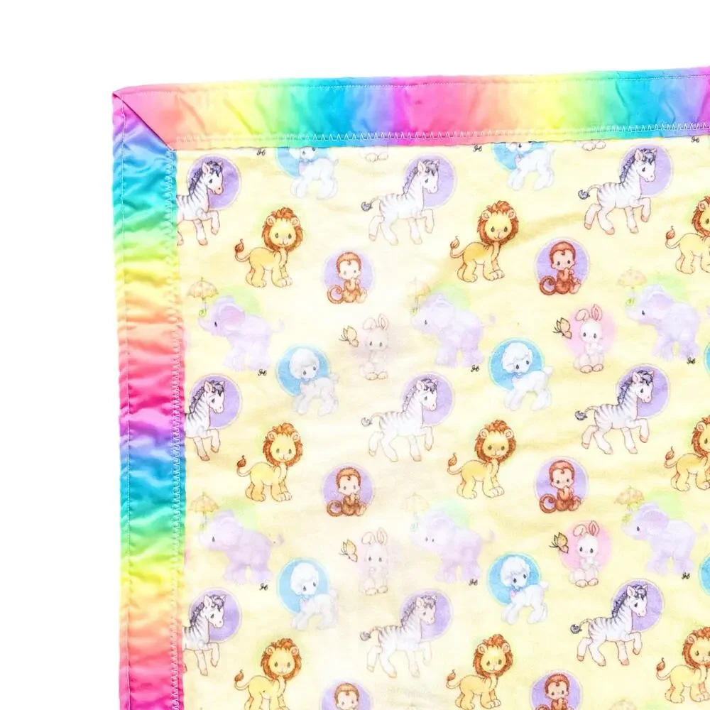 Vintage Handmade Precious Moments Animal Fleece Tie Dye Satin Trim Baby Blanket